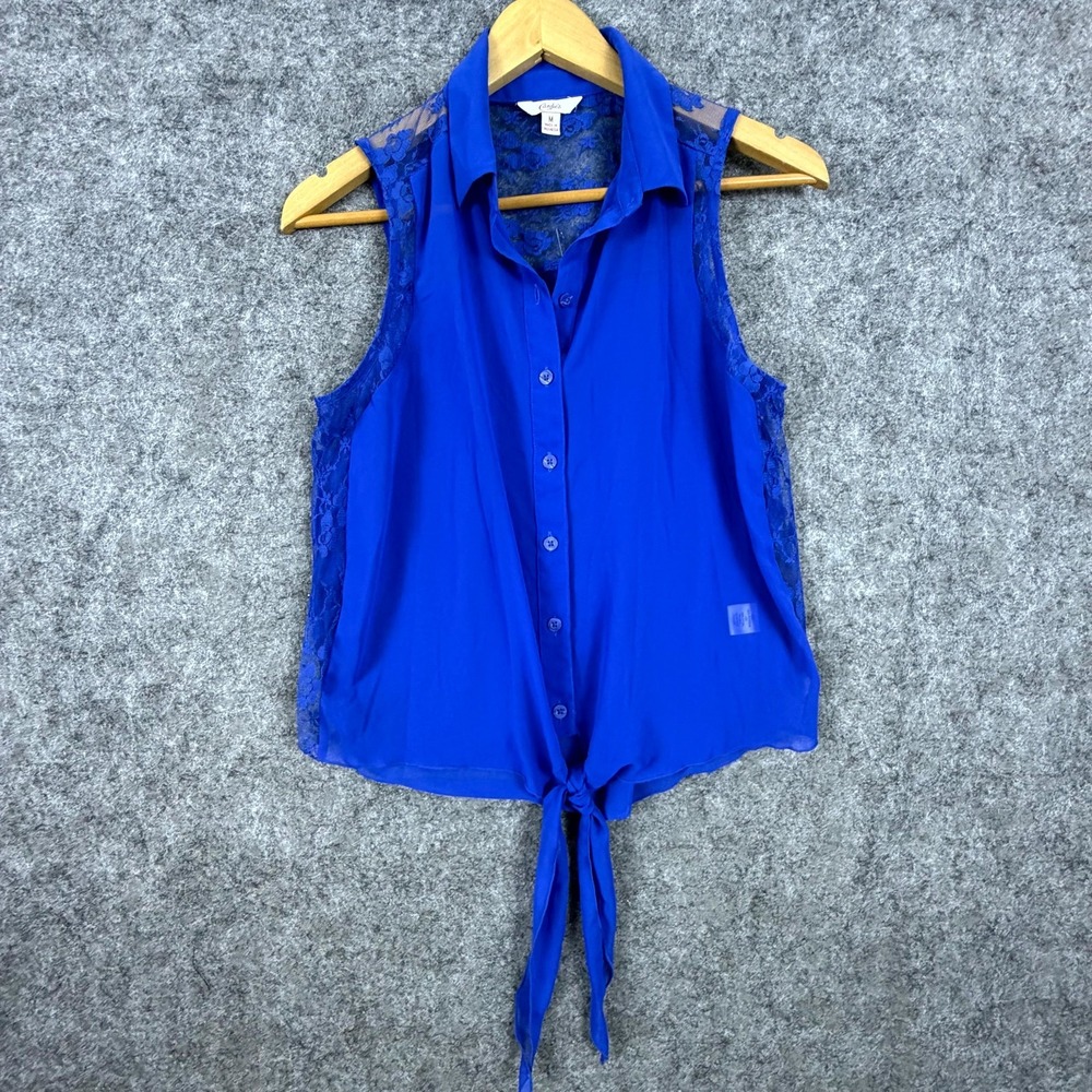 Candie's Blouse Top Womens Medium Royal Blue Lace Y2K Sheer Tie Button Front